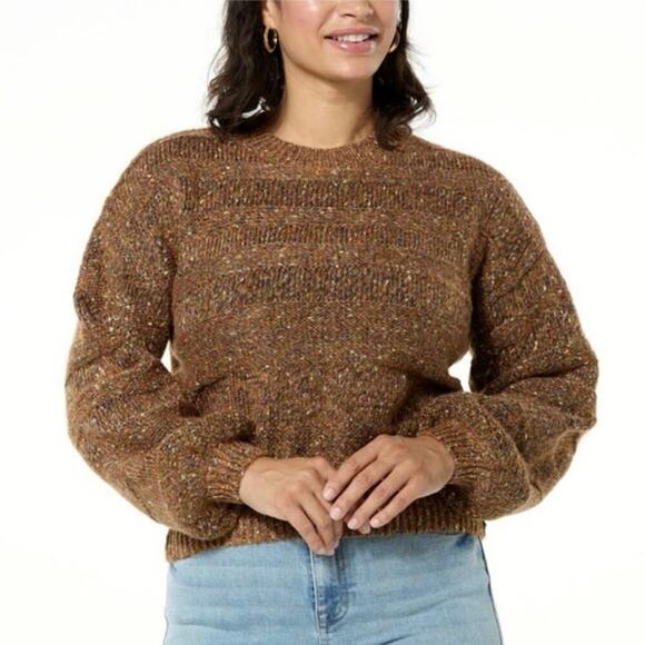 LA JOIE NWT Brown Mixed Stitch Raised Knit Balloon Sleeve Relaxed Fit Sweater 2X - Picture 1 of 13